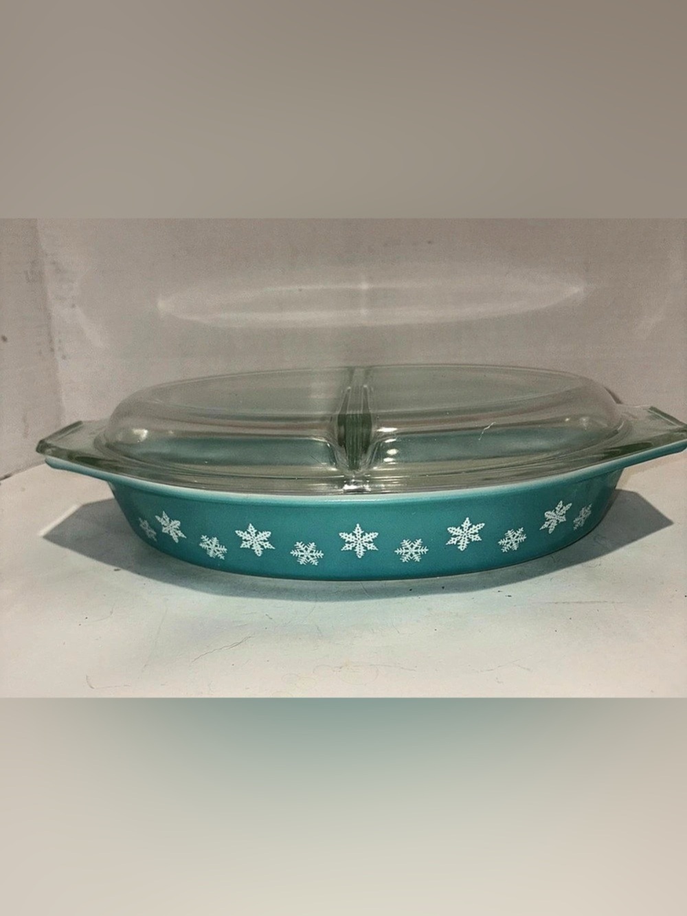 Pyrex Snowflake Garland Divided Casserole Dish Blue White -Vintage